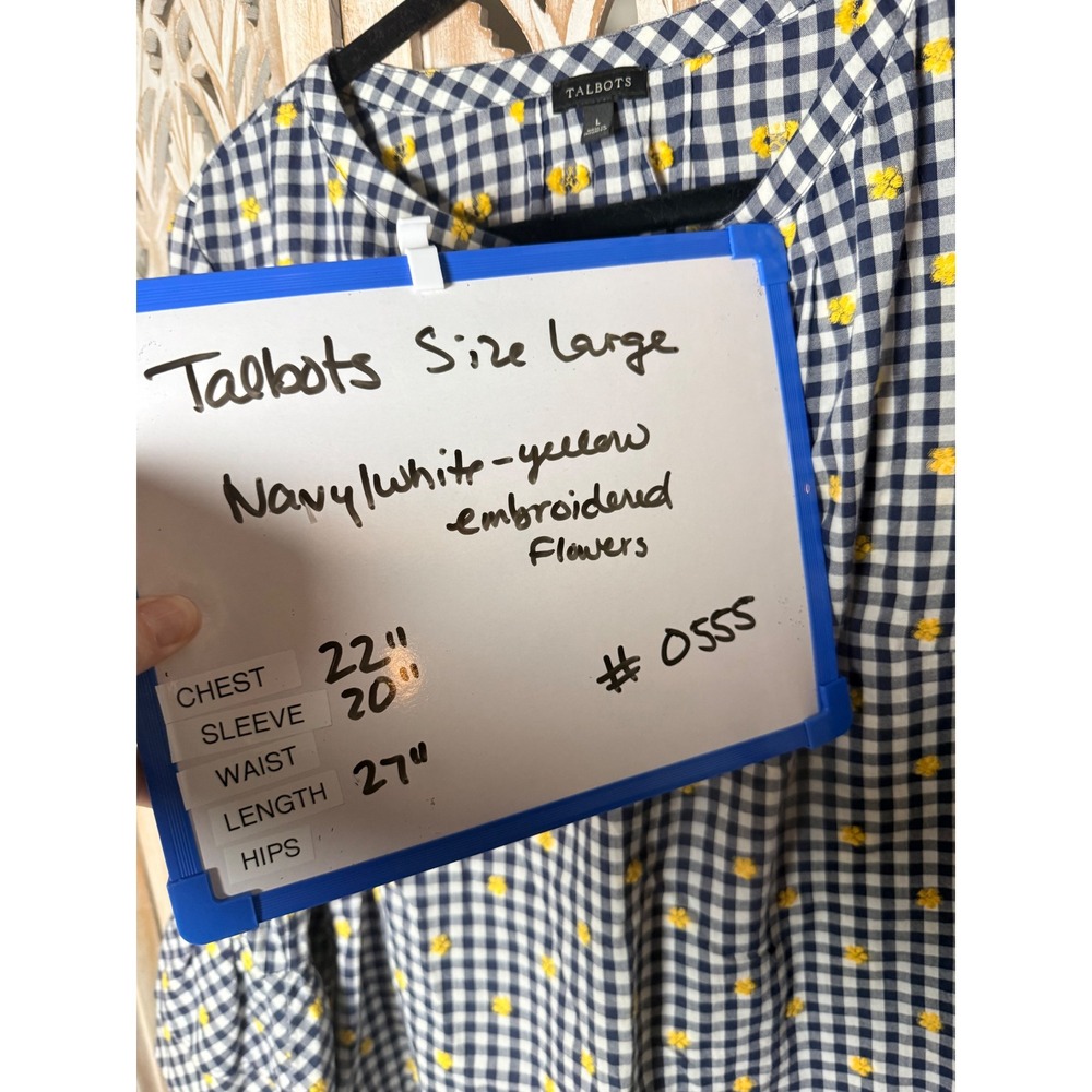 Talbots Womens Navy White Gingham Yellow Embroidered Flower Bell Sleeve Blouse L - Picture 5 of 8